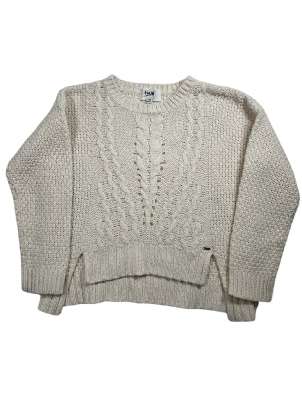 RUUM Girls 7/8 Cable Knit Sweater Ivory Wool Blend High Low Chunky Pullover